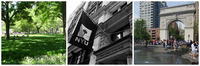 Collage of photos. Left to right: Students sitting on the grass in Washington Square Park; Black and white photo of the NYU flag outside the Tisch School of the Arts building; and the Arch in Washington Square Park.