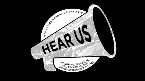 A grey bullhorn with the words HEAR US written inside of it. The circle around the bullhorn reads NYU | Tisch School of the Arts at the top, and Honoring, Elevating, and Recapitalizing Underrepresented Stories at the bottom.
