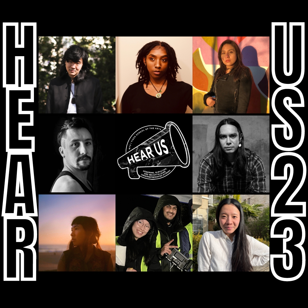 a grid of photos featuring the HEAR US 2023 cohort with the bullhorn logo in the center