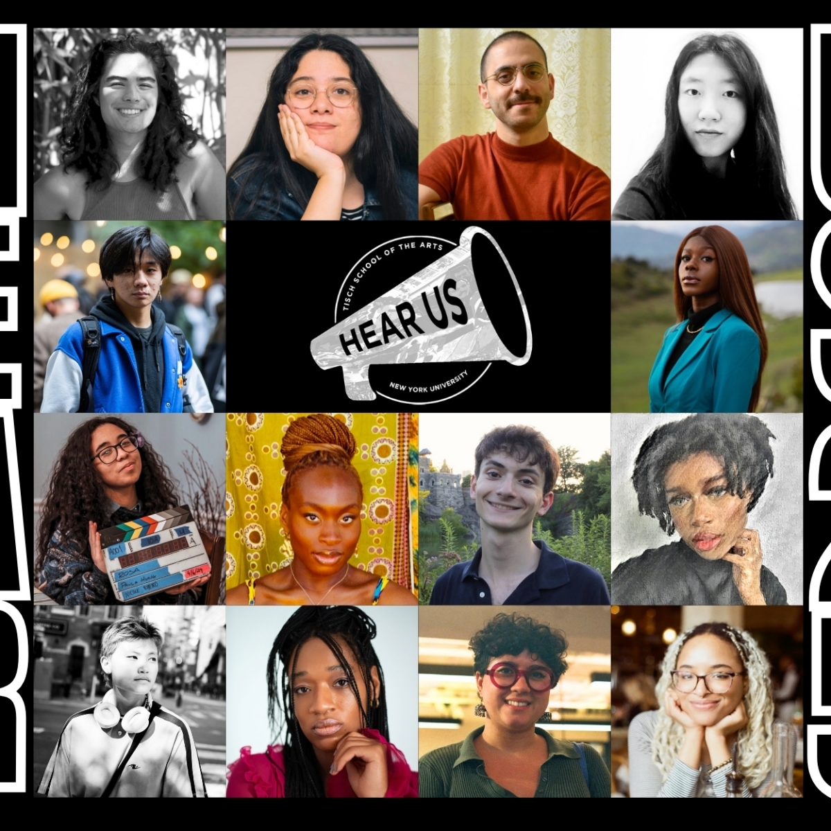 Head Shots arranged in a square of each grantee with the words HEAR US 25 around the boarder and the HEAR US bullhorn logo in the center
