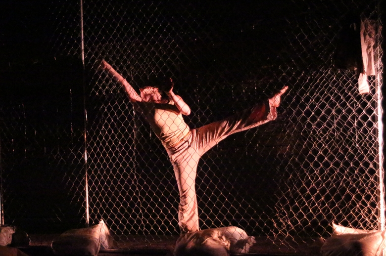 Person dancing behind fence