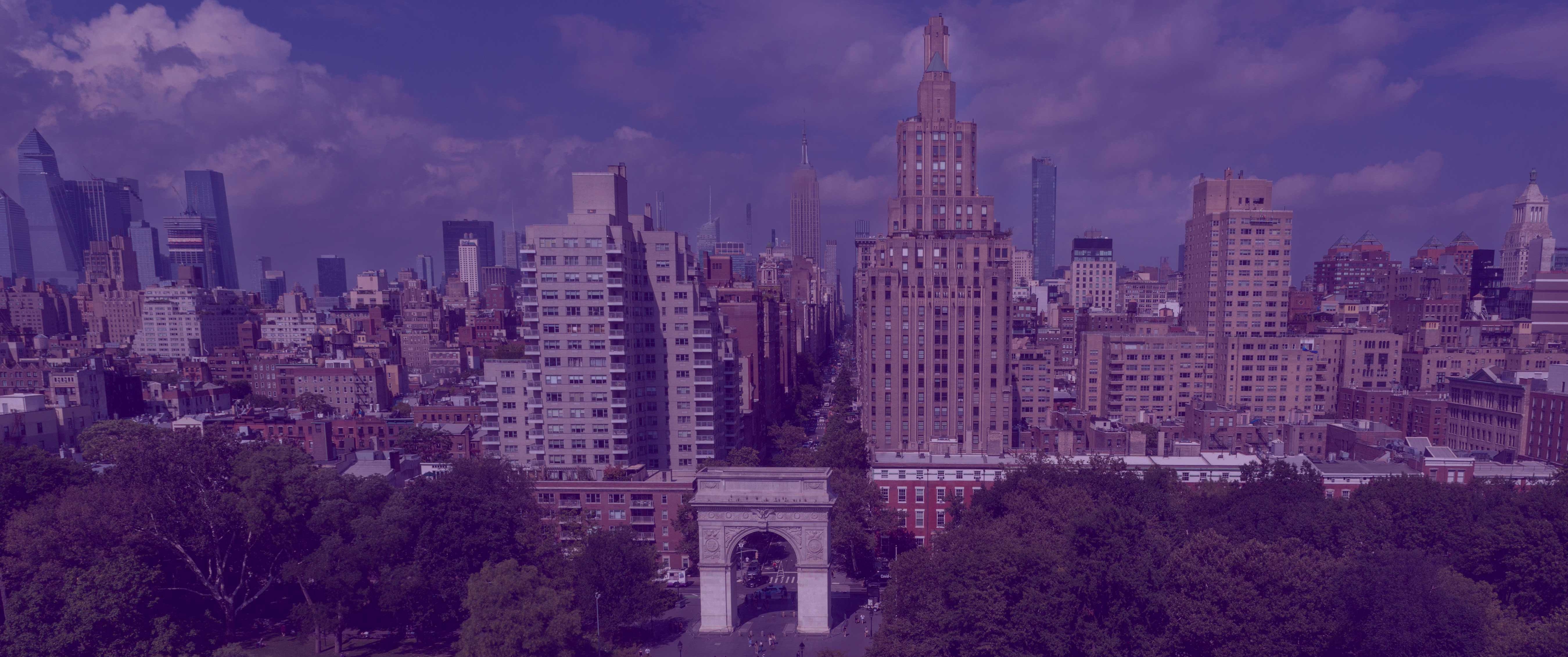 Wide shot of Washington Square Park with a purple overlay