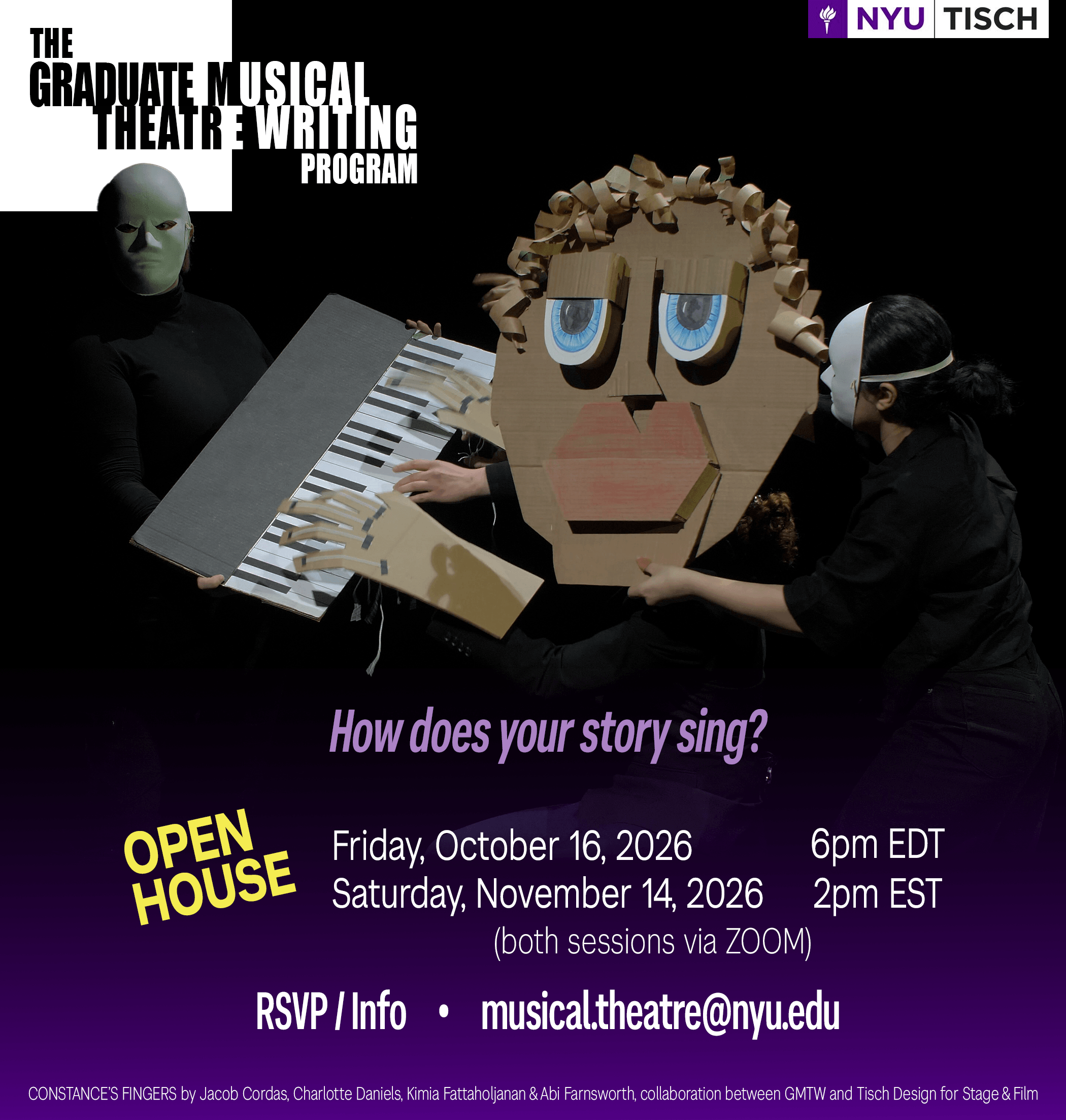 Flyer for the Graduate Musical Theatre Writing Program Open House