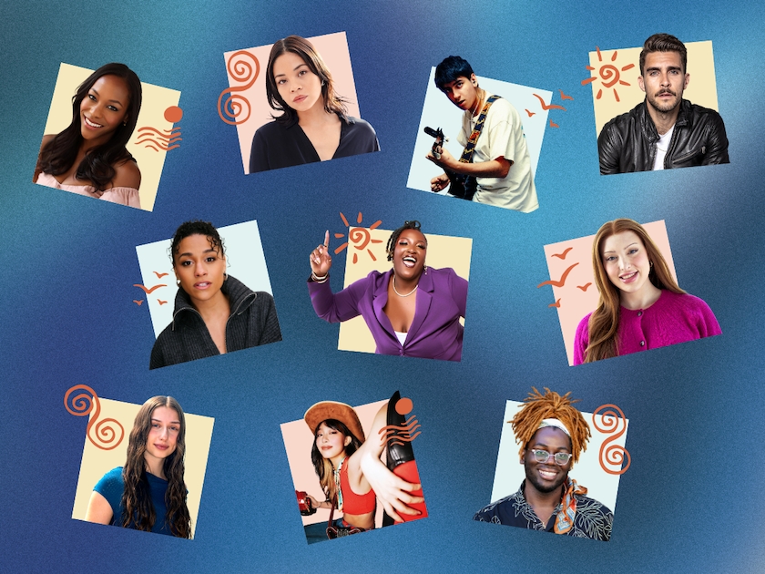 Promotional graphic featuring an unlabeled headshot grid of cast members Ariana DeBose, Eva Noblezada, Josh Segarra, Nikki James, Alice Yu, Caetano Morales, KayaZhanna Donaldson, Sally Simone, Robert Taylor, Jr., and Teagan Rabuano set against a blue textured background with doodle accents.