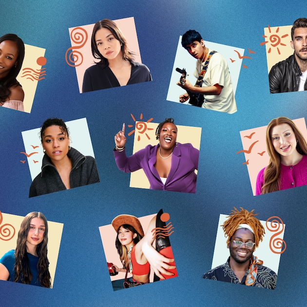 Promotional graphic featuring an unlabeled headshot grid of cast members Ariana DeBose, Eva Noblezada, Josh Segarra, Nikki James, Alice Yu, Caetano Morales, KayaZhanna Donaldson, Sally Simone, Robert Taylor, Jr., and Teagan Rabuano set against a blue textured background with doodle accents.