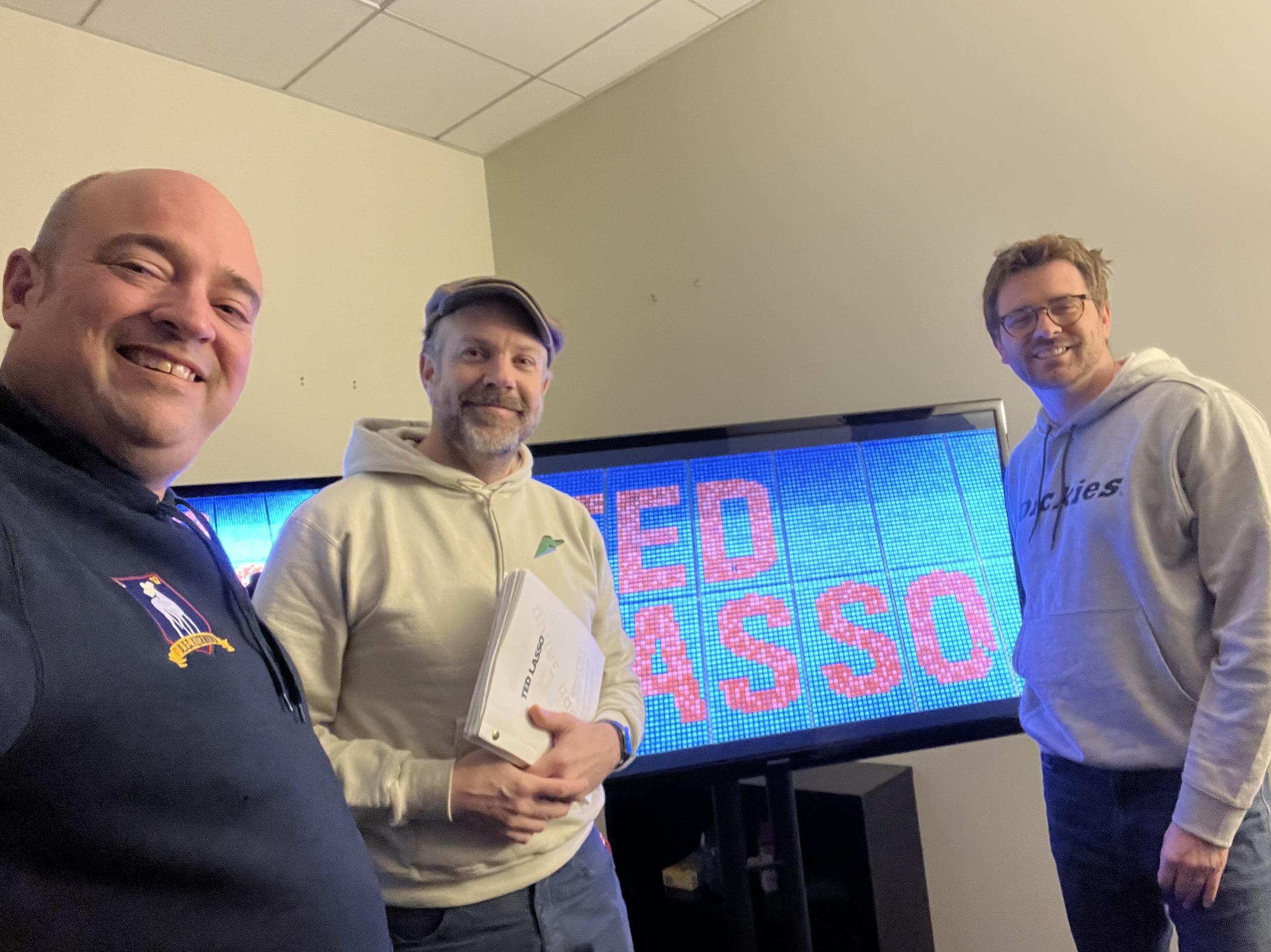 A.J. with Jason Sudeikis and Alex Szabo in the editing room
