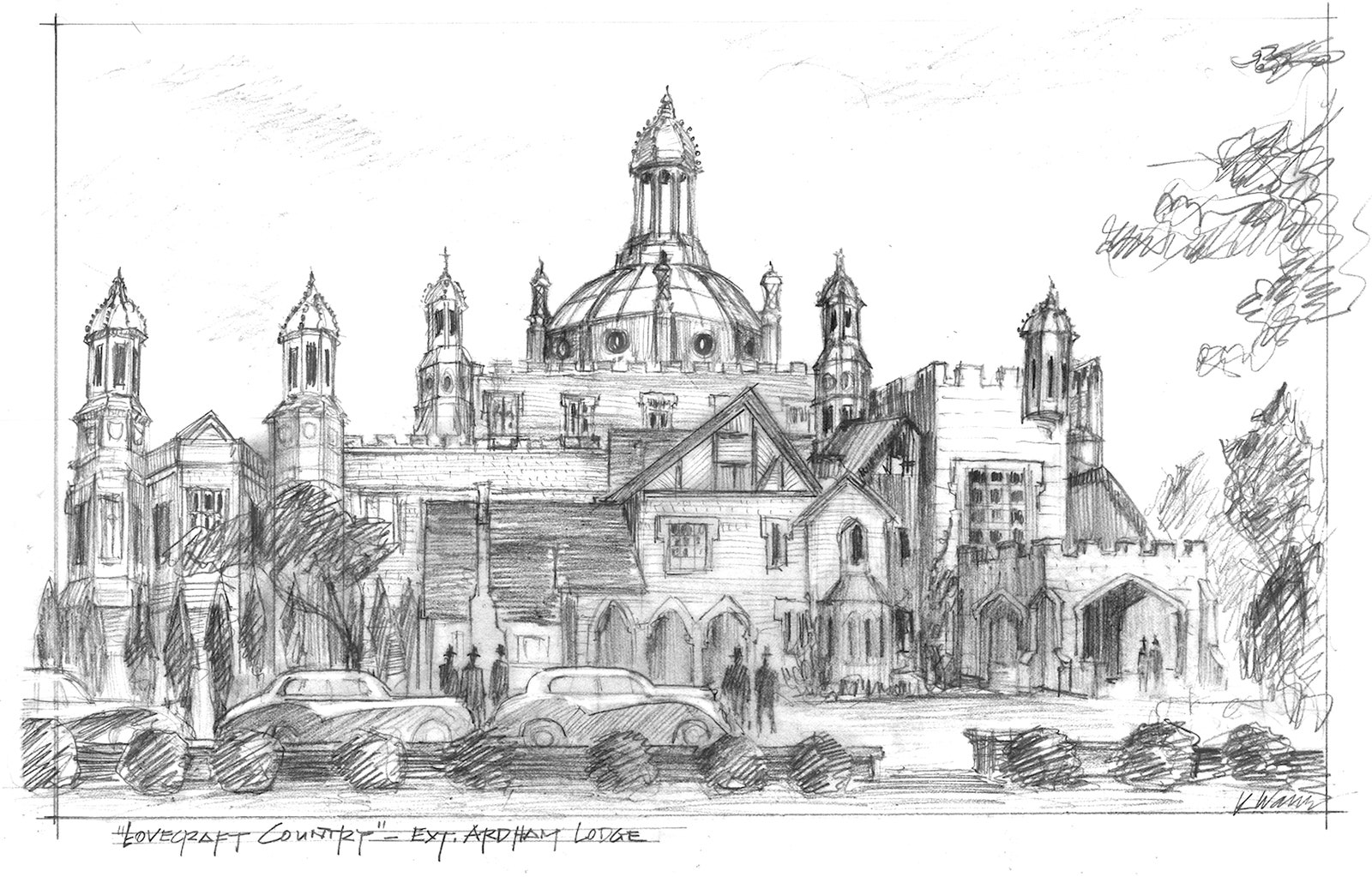 Ivanov’s concept drawing for Tudor-style Ardham Lodge.Courtesy of HBO