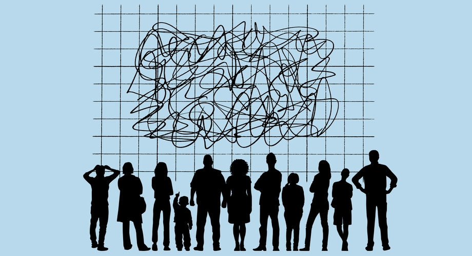 A graphic of silhouettes of a diverse array of people looking at a grid.