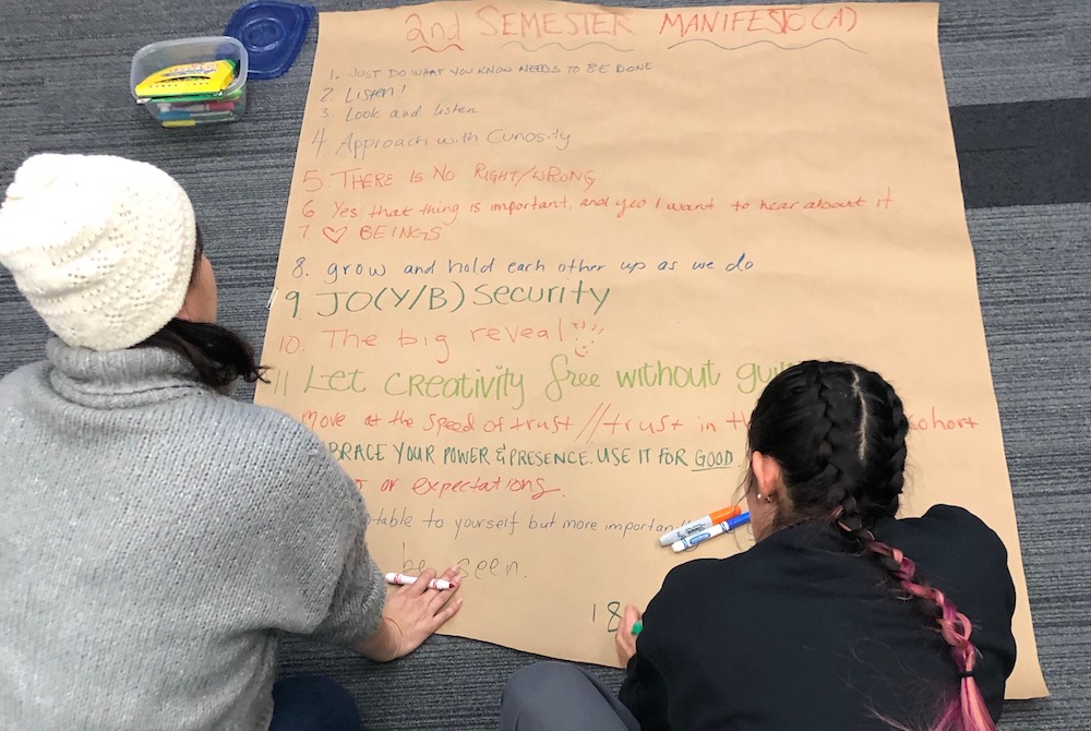 Overhead shot of two people writing a list on a large brown paper