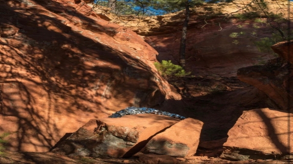 Ambiguous mirrored figure atop a brown rock in a red/ brown canyon