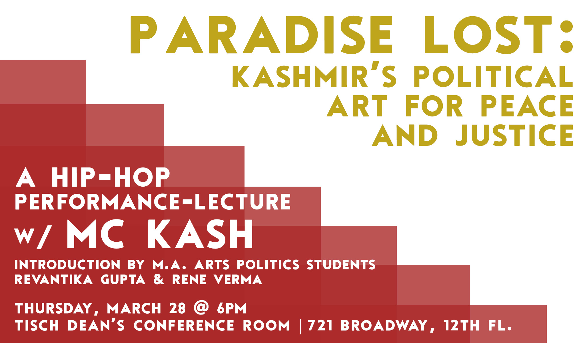 Event flyer with title and red blocks with white text with event details