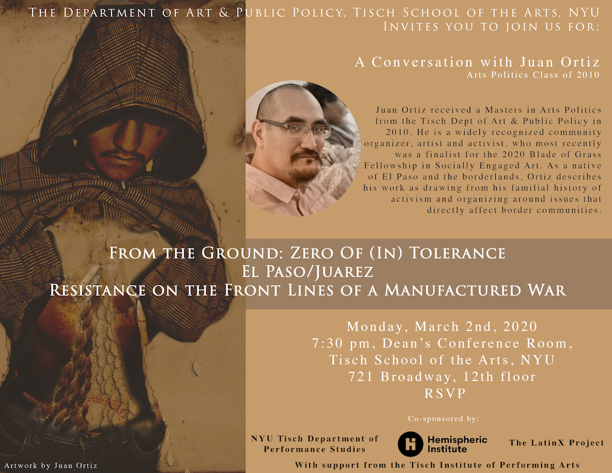 tan and brown event flyer with illustrated image of man with hoodie and open stomach and an image of a man in glasses and beard in a small circle next to a bio in black text