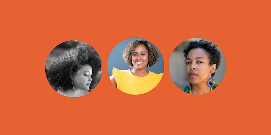 Orange background with portraits of poets Raina J. León, Jasminne Mendez, and Yesenia Montilla in bubbles