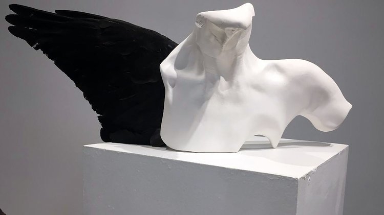 dismembered torso on pedestal with black wing behind it