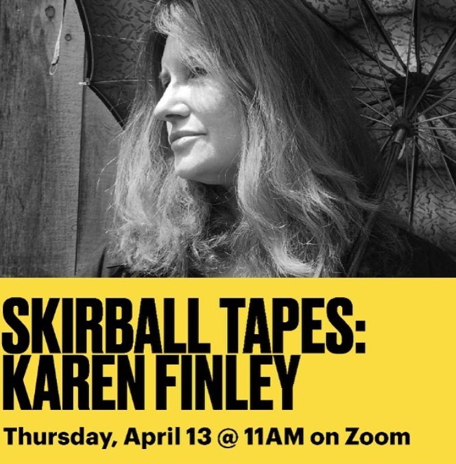 black and white image of Professor Karen Finley with the Skirball Tapes series logo