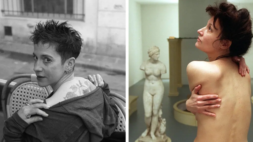 Black and white image of Kathy Acker and color image of Karen finley who stands with a bare back in a gallery beside plaster figure