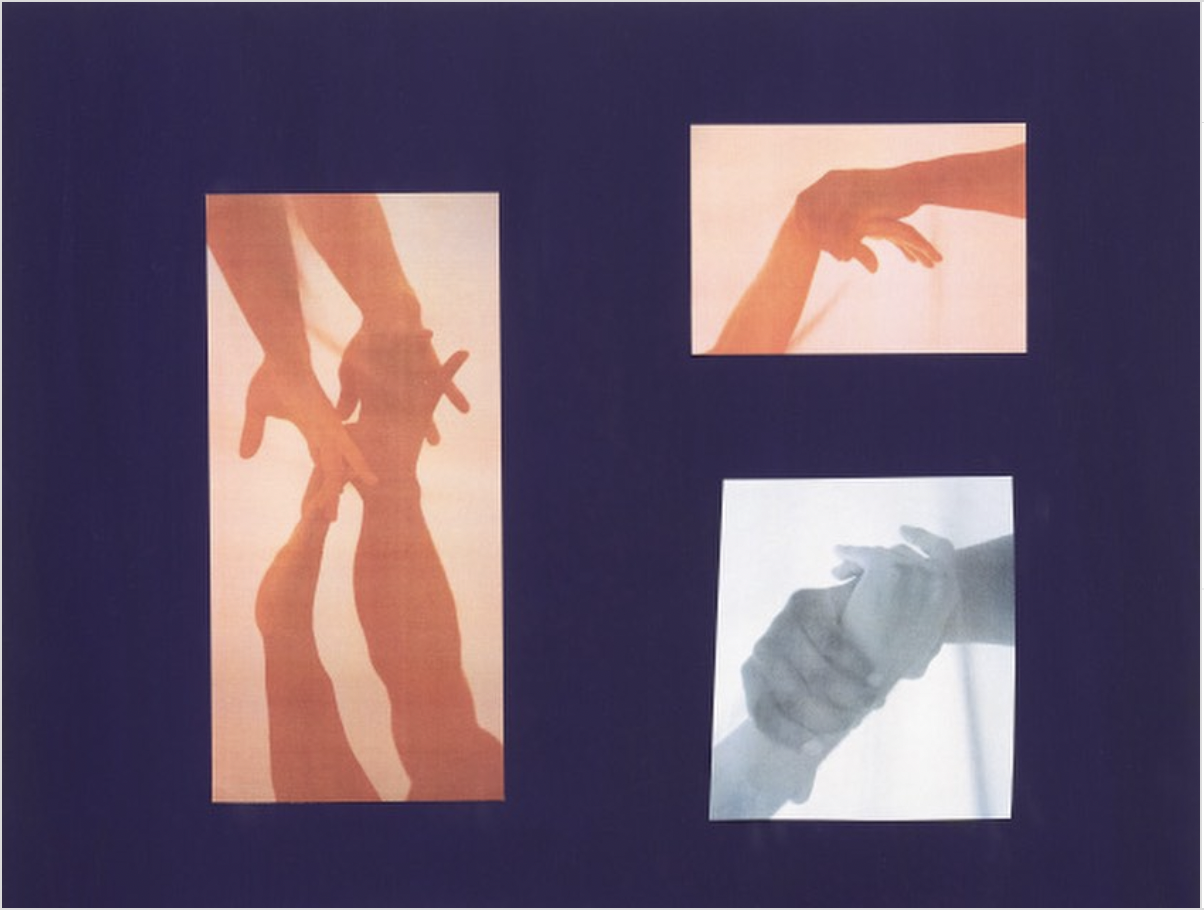 Three images of intertwined hands on a navy background