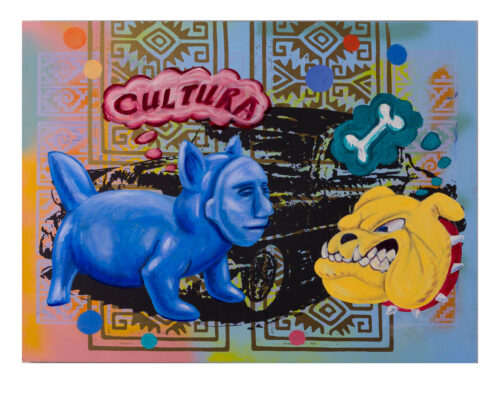collage containing the words "cultura," two dogs and a bone