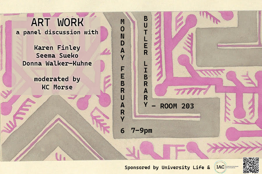 Art Work panel discussion poster pink and gray design with overlaid text