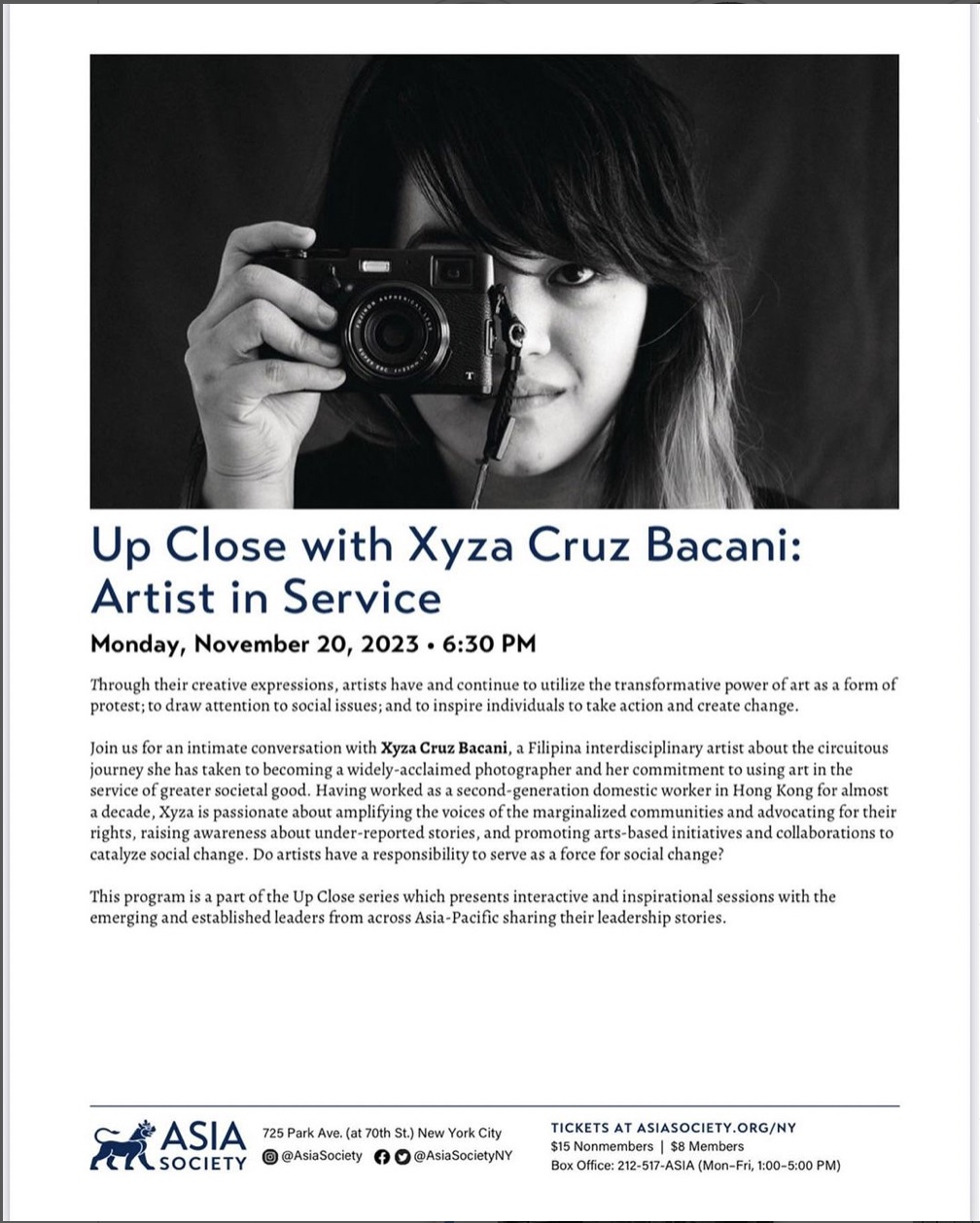 portrait of Xyza Cruz Bacani and description of the Up Close event: Through their creative expressions, artists have and continue to utilize the transformative power of art as a form of protest; to draw attention to social issues; and to inspire individuals to take action and create change. Do artists have a responsibility to serve as a force for social change?