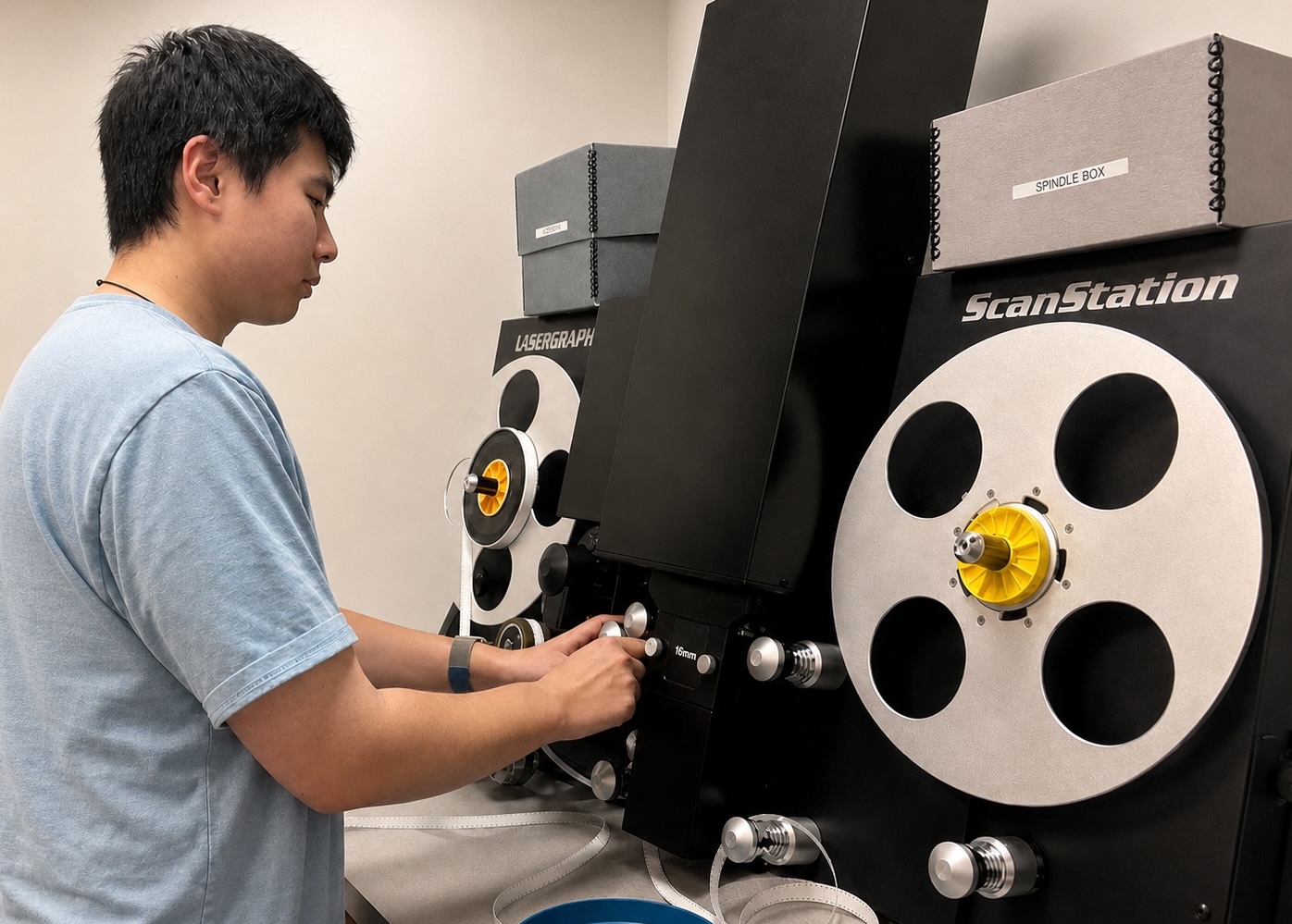 person operating a film scanner