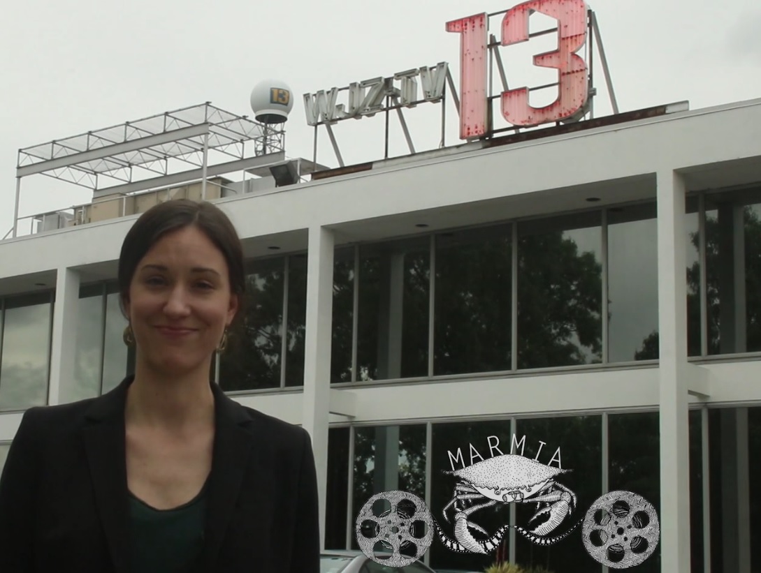 Siobhan Hagan (MIAP '10), in front of the WJZ-TV station in Baltimore, Maryland.