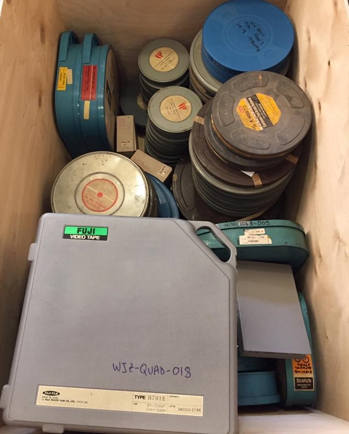 A bin with some of the AV formats represented in the WJZ-TV Collection, including 2" Quad, 16mm, and U-matic.
