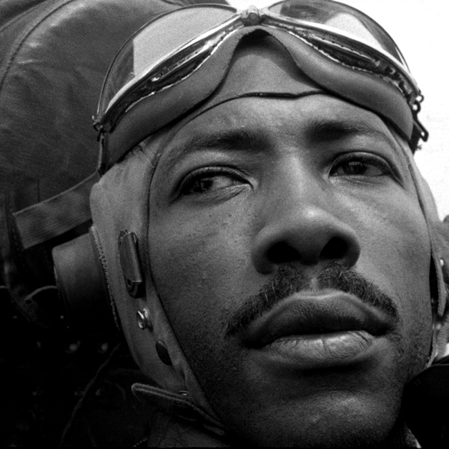 A black and white photo of a World War II soldier's face
