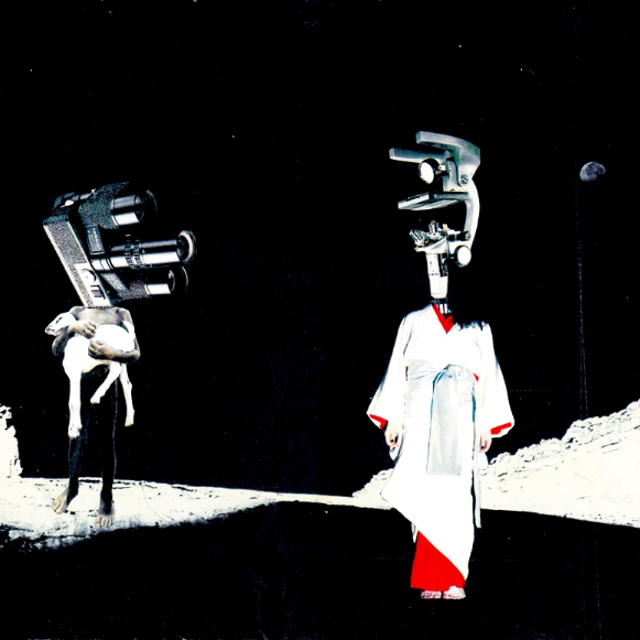 Collaged image of two human figures with heads replaced by film cameras.