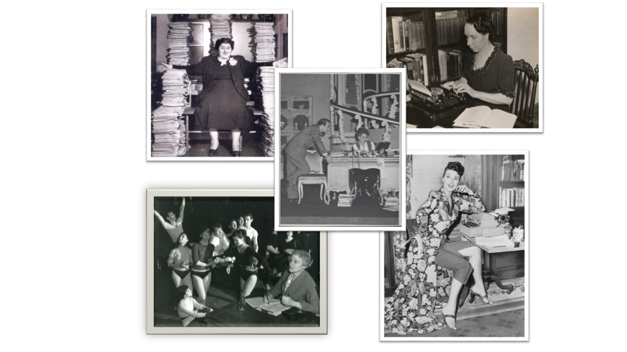 Photographs, clockwise from the top left: Gertrude Berg, Shirley Graham, Gypsy Rose Lee, and Vera Caspary, with Judy Holliday in the middle.