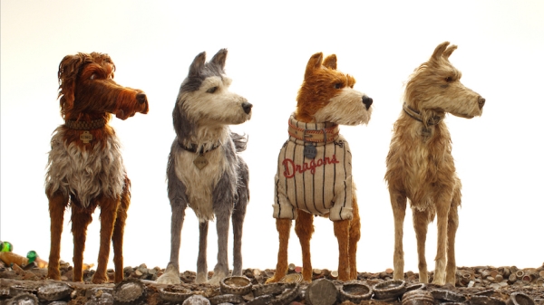 four animated dogs looking to the right