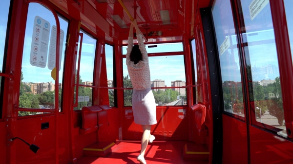 Person wearing a dress shirt and skirt from behind in a monorail.