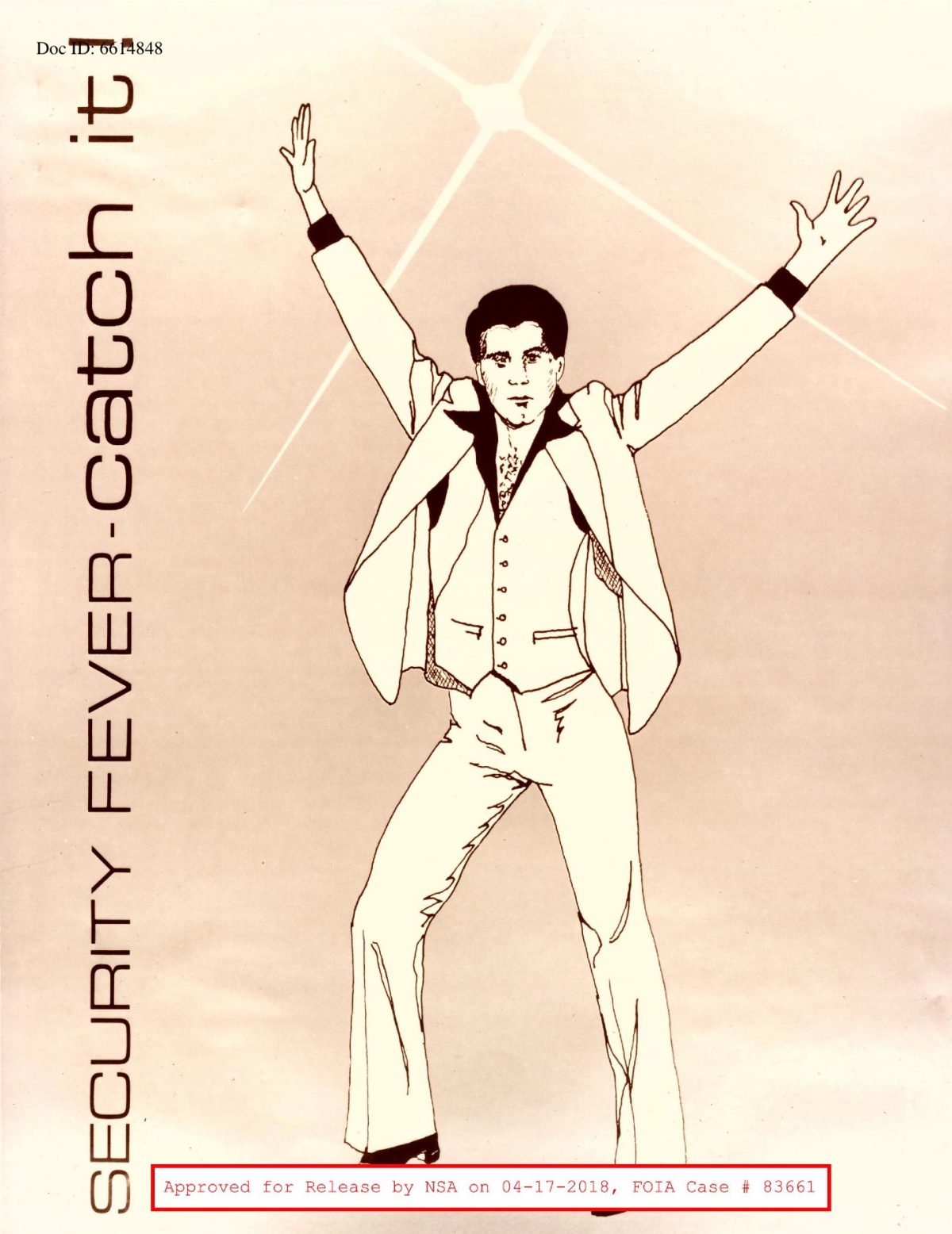 Illustration inspired by Saturday Night Fever poster, text on left (cut off) reads, Security Fever -- Catch it