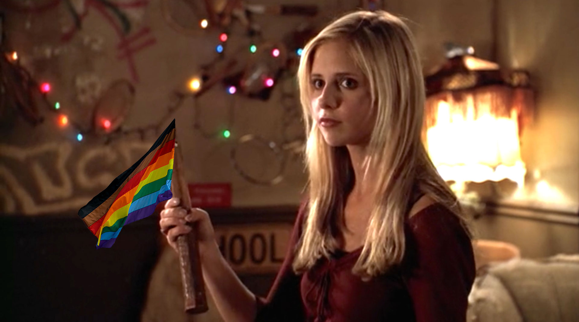 Actress Sarah Michelle Geller as Buffy Summers holding a wooden stake that has been edited to be the mast of a Pride flag.