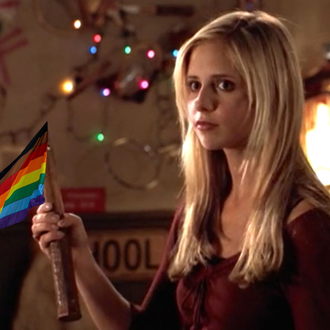 Actress Sarah Michelle Geller as Buffy Summers holding a wooden stake that has been edited to be the mast of a Pride flag.