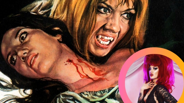 Pulp style image of a woman with vampire fangs hissing and another woman with blood and puncture wounds on her neck. Inset image of guest speaker, Miss Malice.