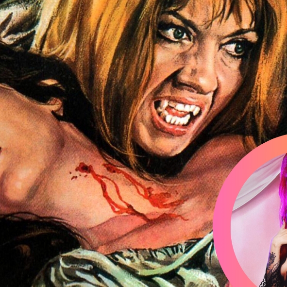 Pulp style image of a woman with vampire fangs hissing and another woman wi...