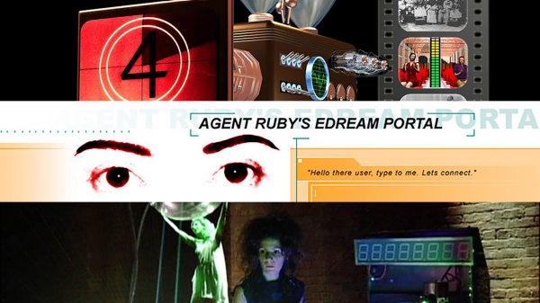 Three images stacked horizontally from each presenter's projects: top to bottom, Paul Vanouse's Terminal Time; Lynn Hershman Leeson's Agent Ruby; and Toni Dove's Sally and the Bubble Burst.