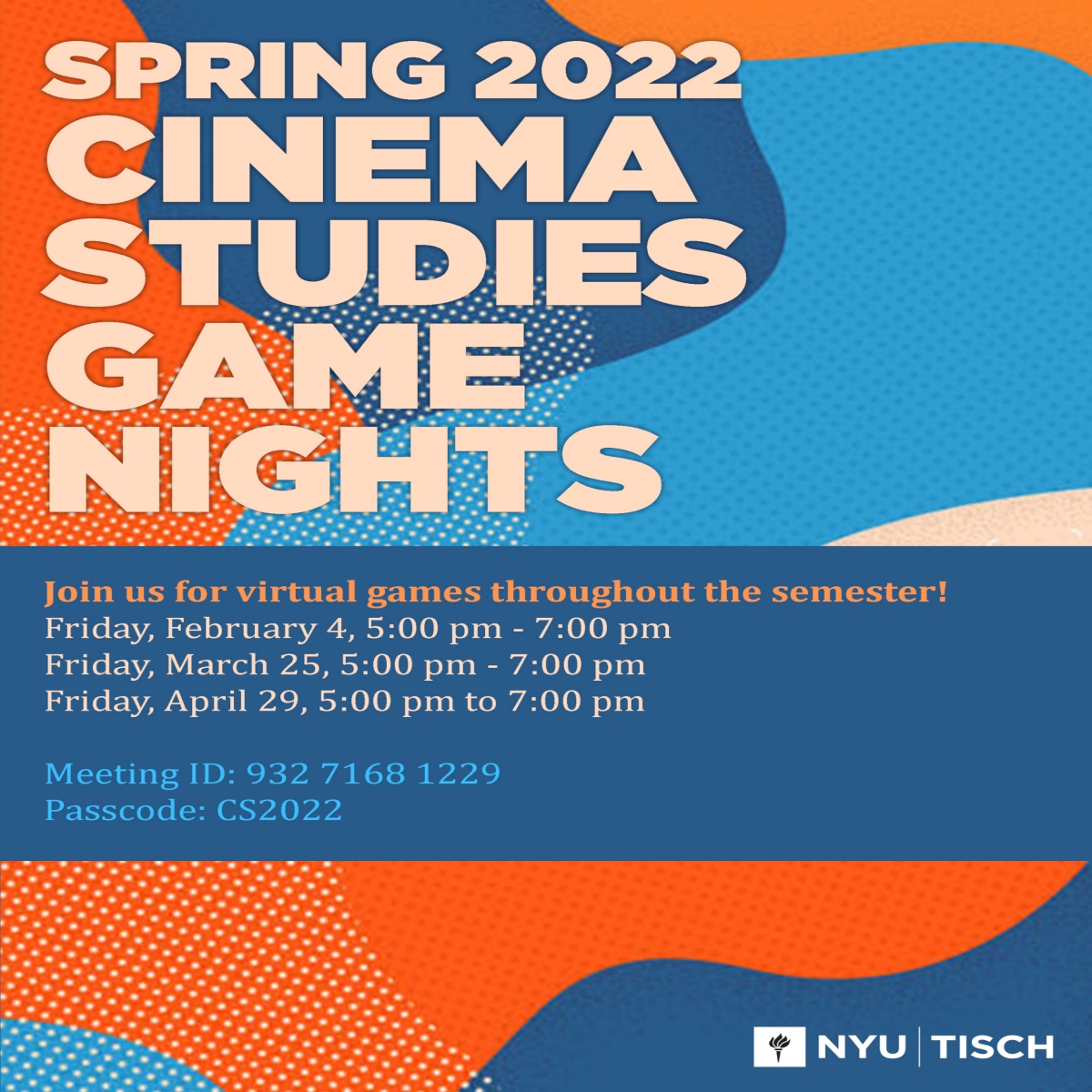 colorful poster that reads: Spring 2022 Cinema Studies Game Nights