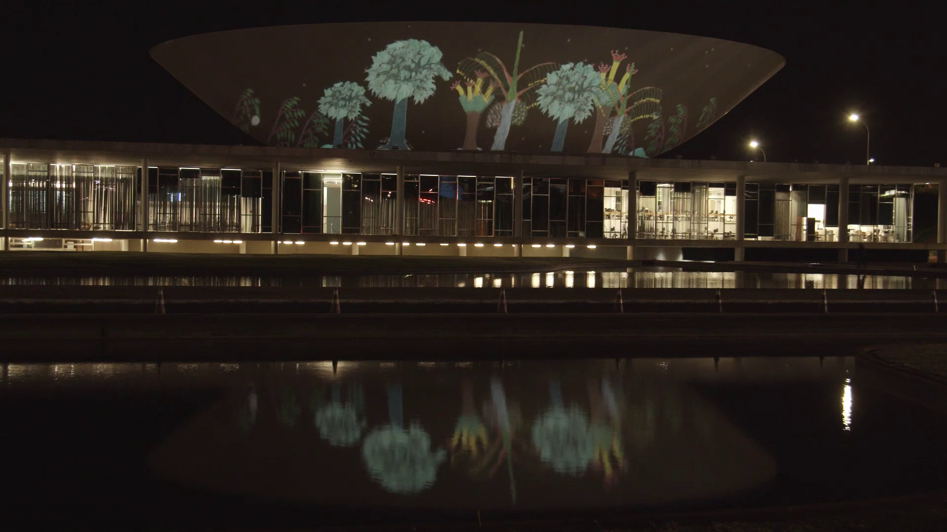 Trees projected on a building and reflected again in the water.