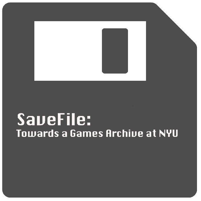 An illustration of a floppy disk with text that reads "Savefile: Towards a Games Archive at NYU"
