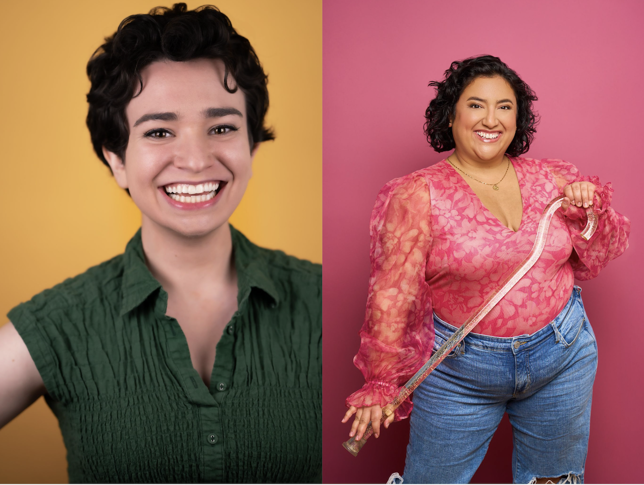 Headshot images of Lily Lipman (Tisch Drama ‘18) and Makenzie Gomez (Creative Adaptations). Lily is smiling with a yellow background and Mackenzie is smiling with a pink background.