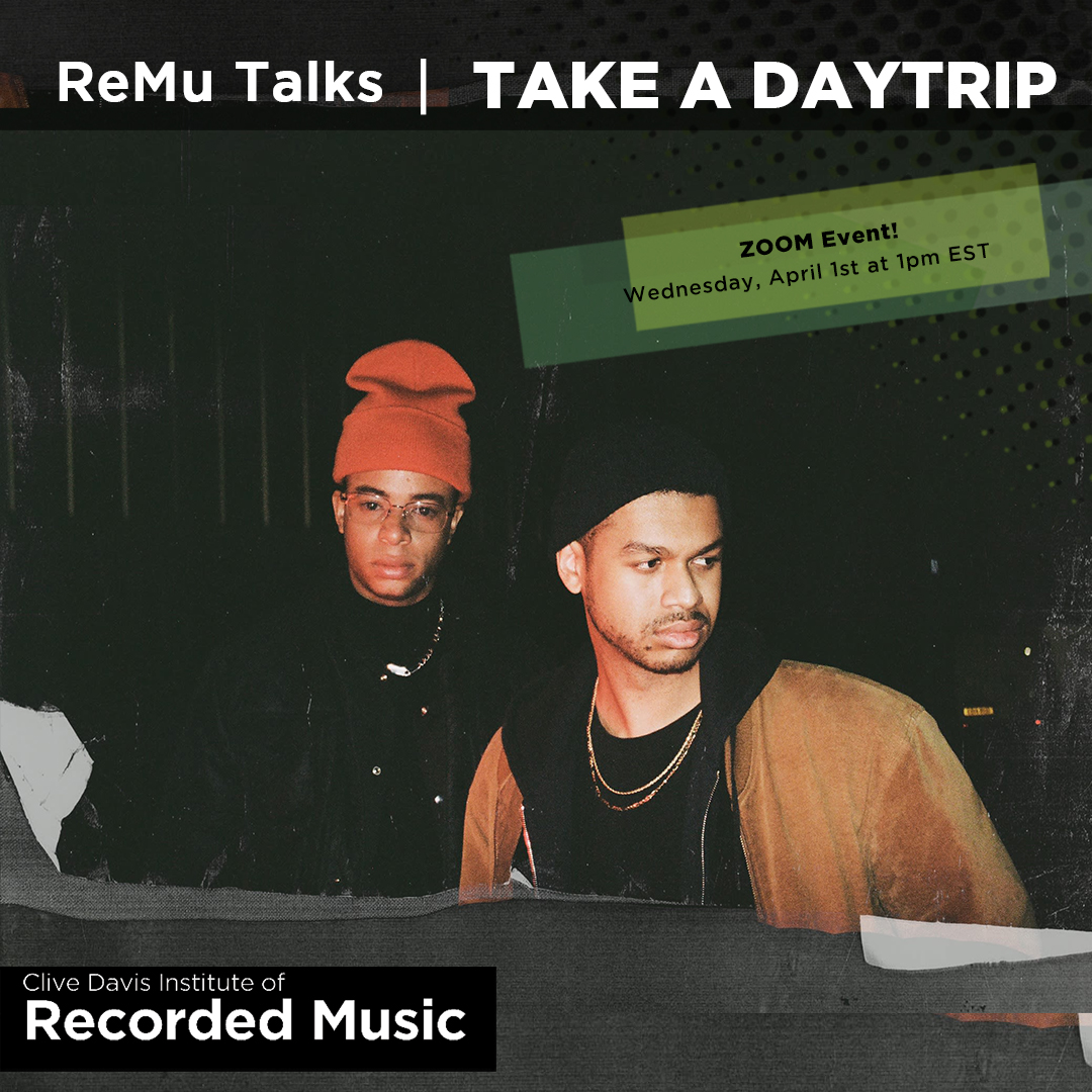 Flyer image of Zoom event with Alumni Production Duo Take A Daytrip