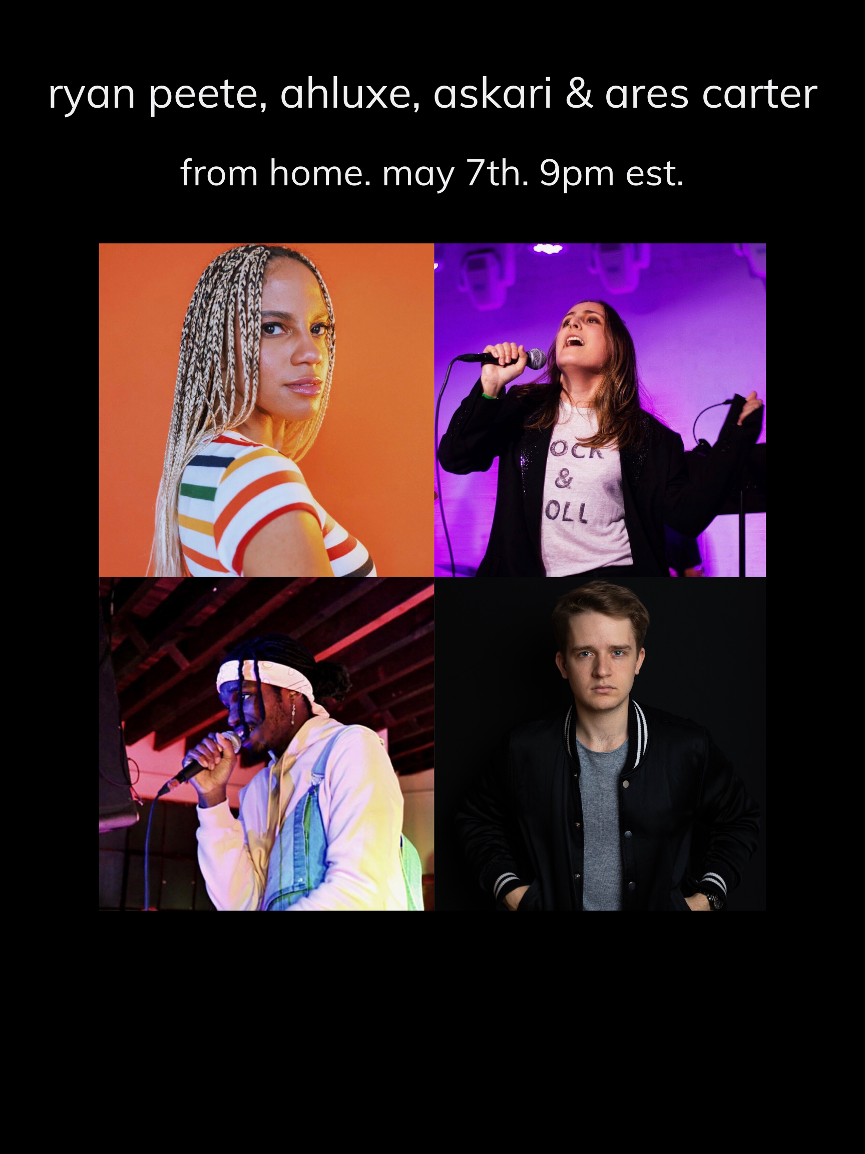 Flyer for livestream showcase on twitch.tv/clivedavisinst on May 7th at 9pm ET