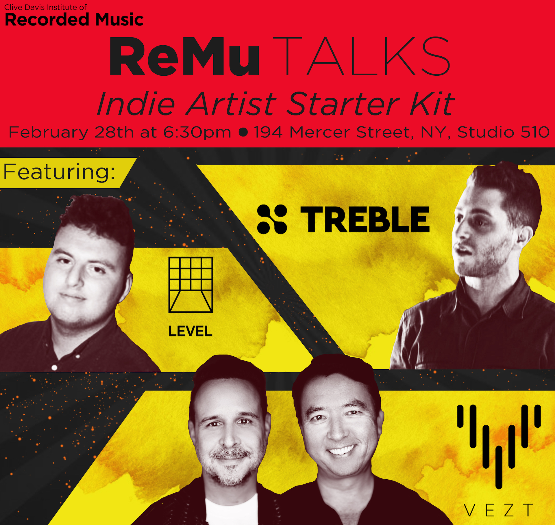 flyer for ReMu Talks: Indie Artist Starter Kit featuring the companies Vezt, Teble, and Level