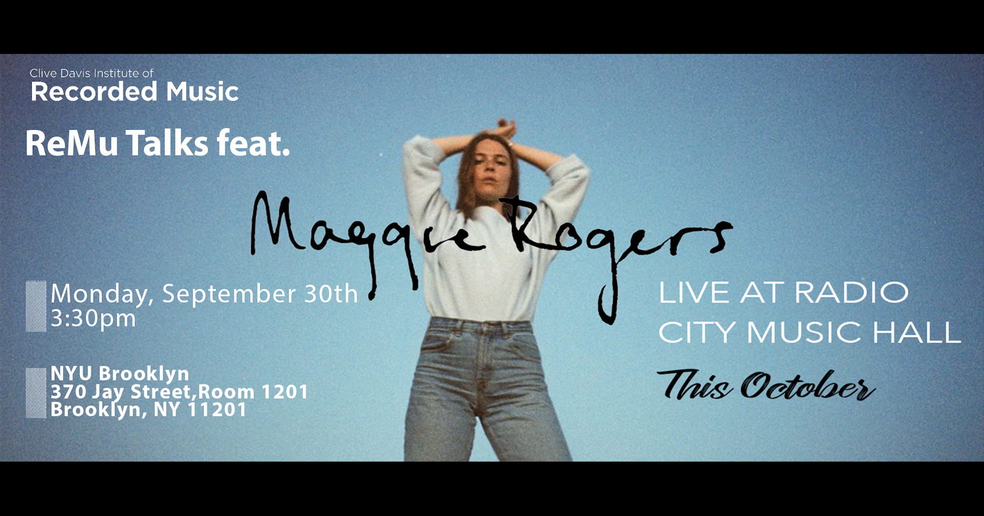Flyer for ReMu Talks  Maggie Rogers event on 9/30/19