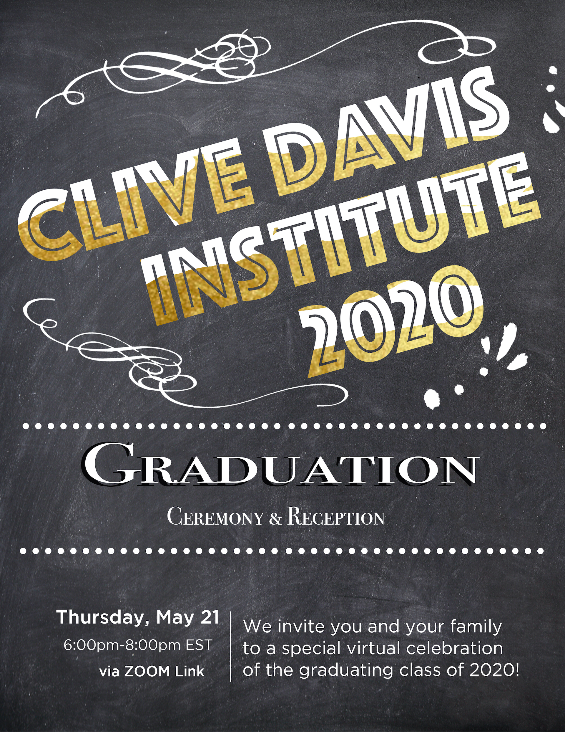 flyer for Clive Davis Institute 2020 virtual graduation event