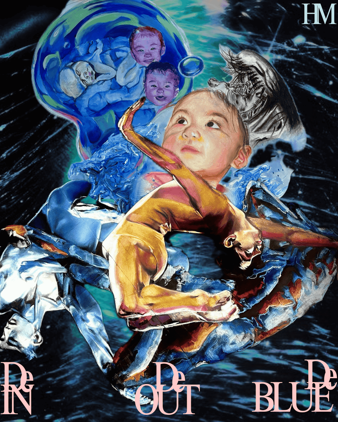 Painted and drawn images meld into each other - babies faces appear in the background, and dancers bodies in the foreground