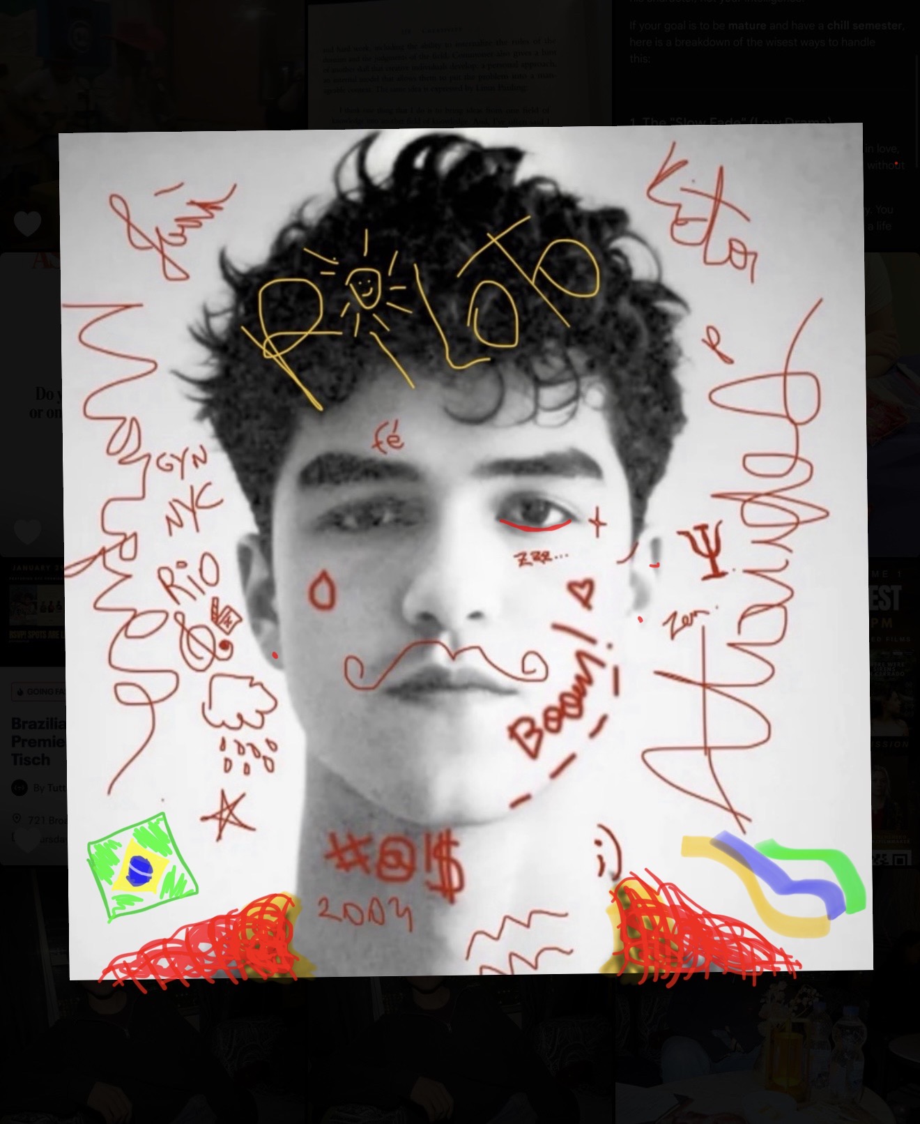 Portrait of a young man with various digitally drawn doodles on top of the photo