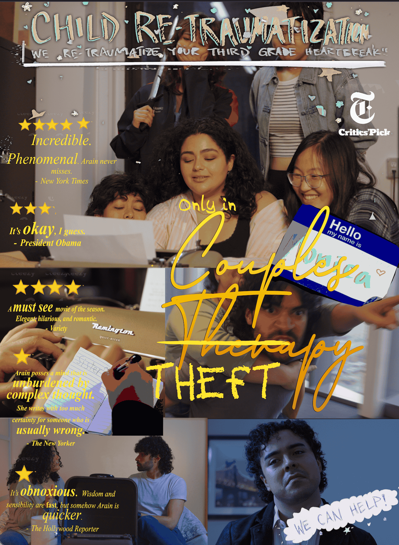 Child Re-traumatization - we re-traumatize your third great heartbreak, only in Couples Theft-apy. Fake reviews from famous publications run along the left side of the poster. Various screenshots from the film fill the background.